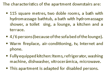 The characteristics of the apartment downstairs are: 115 square metres, two doble rooms, a bath with hydromassage bathtub, a bath with hydromassage shower, a toilet sing, a lounge, a kitchen and a terrace. 4 / 6 persons (because of the sofa bed of the lounge). Warm fireplace, air-conditioning, tv, Internet and phone. Fully equipped kitchen: Items, refrigerator, washing machine, dishwasher, vitrocerámica, microwave. This apartment is adapted for disabled persons.